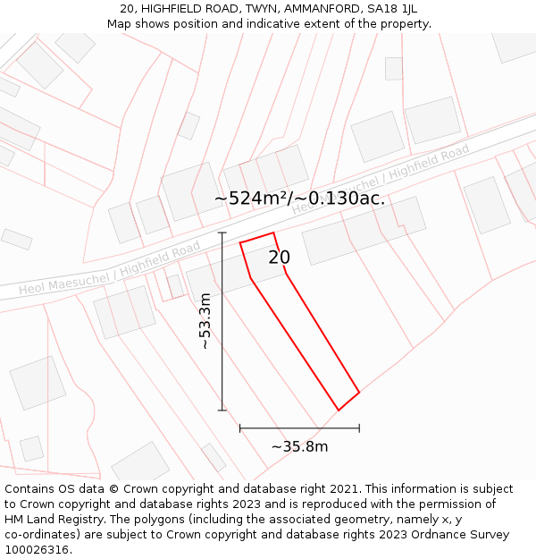 20, HIGHFIELD ROAD, TWYN, AMMANFORD, SA18 1JL: Plot and title map