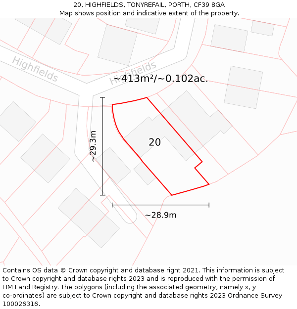 20, HIGHFIELDS, TONYREFAIL, PORTH, CF39 8GA: Plot and title map