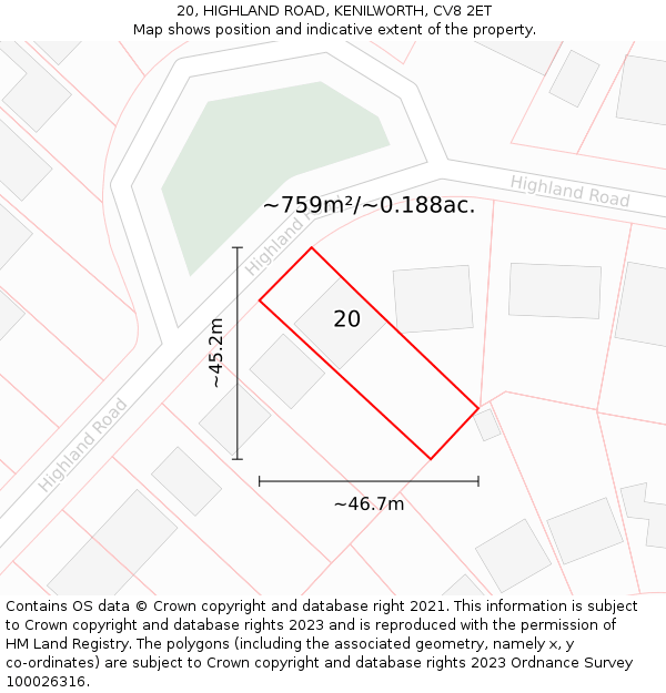 20, HIGHLAND ROAD, KENILWORTH, CV8 2ET: Plot and title map