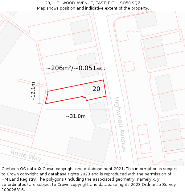 20, HIGHWOOD AVENUE, EASTLEIGH, SO50 9QZ: Plot and title map