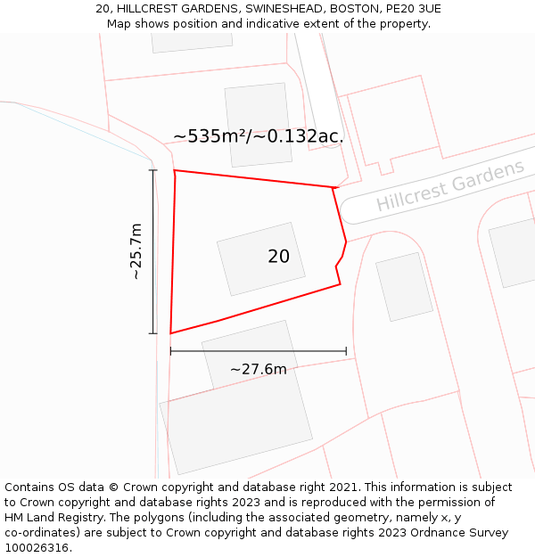 20, HILLCREST GARDENS, SWINESHEAD, BOSTON, PE20 3UE: Plot and title map