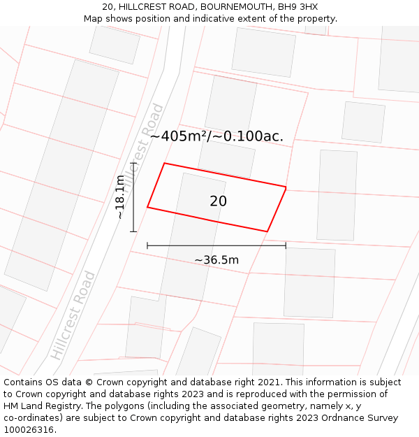 20, HILLCREST ROAD, BOURNEMOUTH, BH9 3HX: Plot and title map