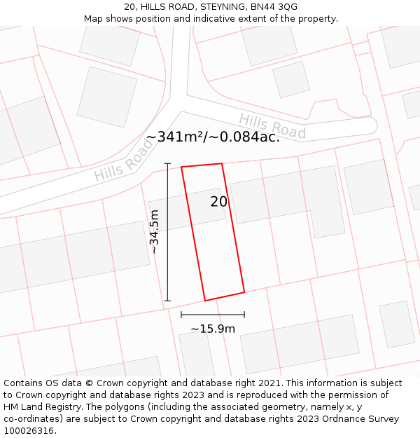 20, HILLS ROAD, STEYNING, BN44 3QG: Plot and title map