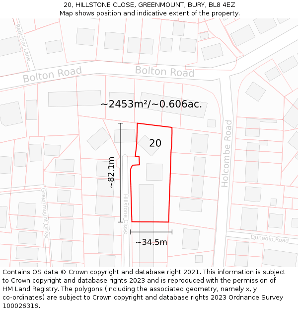20, HILLSTONE CLOSE, GREENMOUNT, BURY, BL8 4EZ: Plot and title map