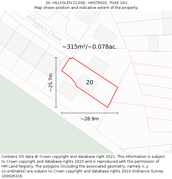20, HILLYGLEN CLOSE, HASTINGS, TN34 1XU: Plot and title map