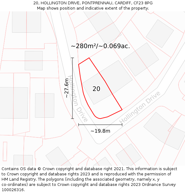 20, HOLLINGTON DRIVE, PONTPRENNAU, CARDIFF, CF23 8PG: Plot and title map