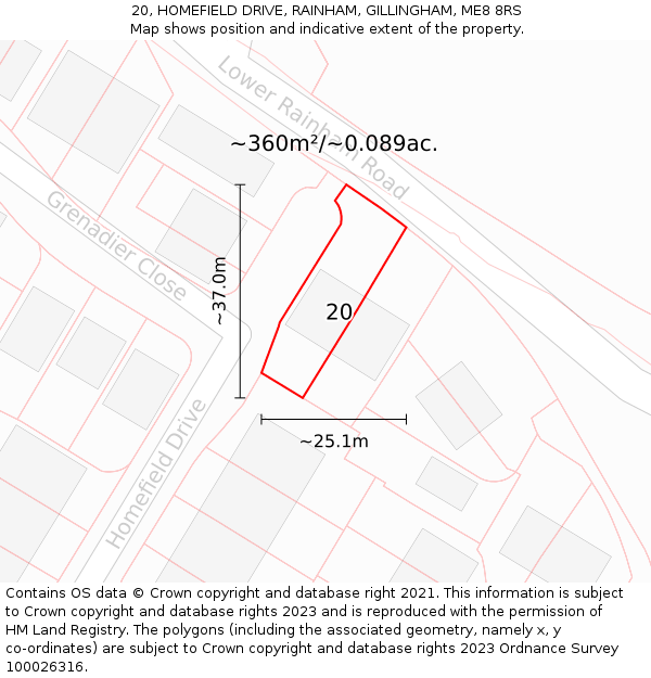 20, HOMEFIELD DRIVE, RAINHAM, GILLINGHAM, ME8 8RS: Plot and title map