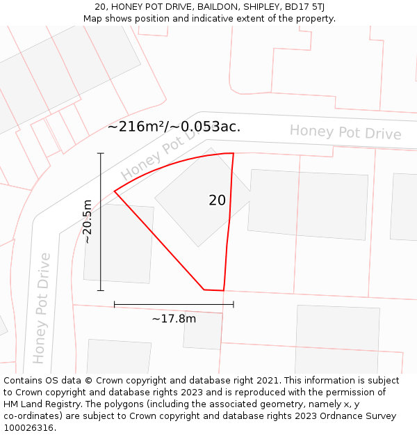20, HONEY POT DRIVE, BAILDON, SHIPLEY, BD17 5TJ: Plot and title map