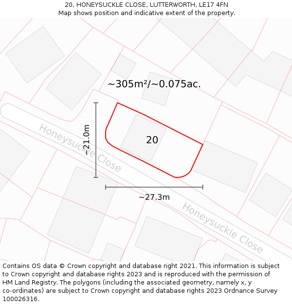 20, HONEYSUCKLE CLOSE, LUTTERWORTH, LE17 4FN: Plot and title map