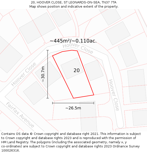 20, HOOVER CLOSE, ST LEONARDS-ON-SEA, TN37 7TA: Plot and title map