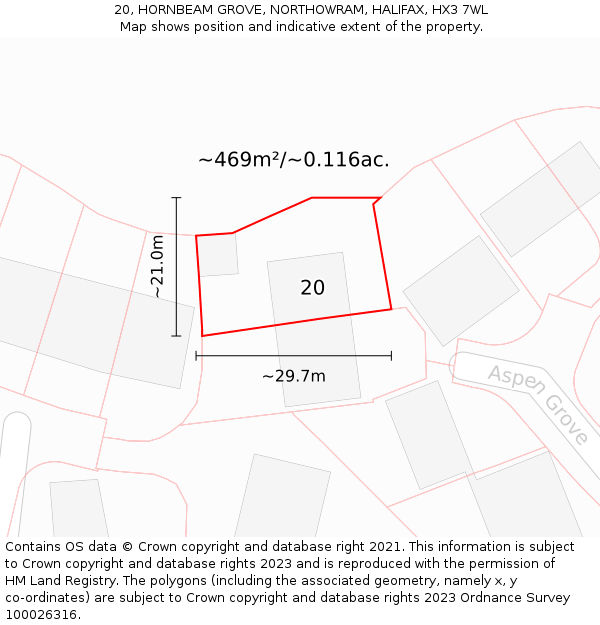 20, HORNBEAM GROVE, NORTHOWRAM, HALIFAX, HX3 7WL: Plot and title map