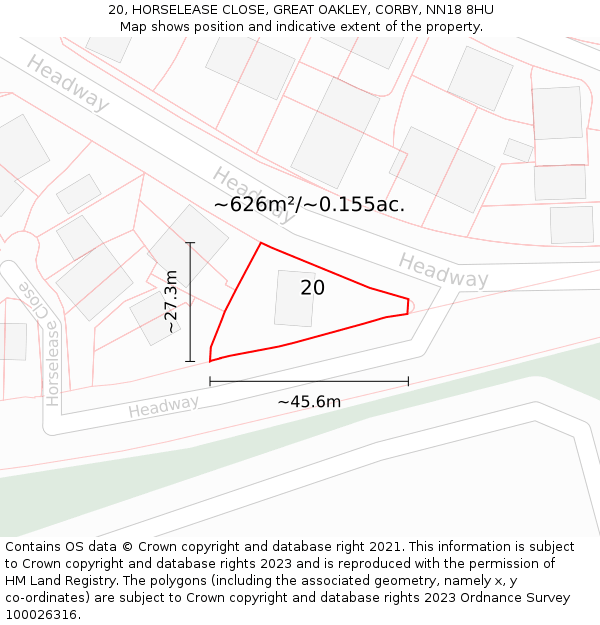 20, HORSELEASE CLOSE, GREAT OAKLEY, CORBY, NN18 8HU: Plot and title map