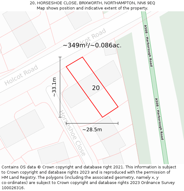 20, HORSESHOE CLOSE, BRIXWORTH, NORTHAMPTON, NN6 9EQ: Plot and title map
