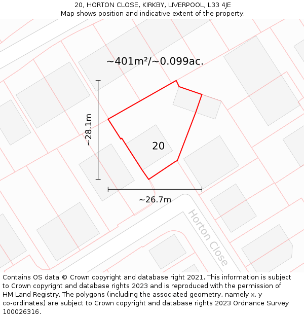 20, HORTON CLOSE, KIRKBY, LIVERPOOL, L33 4JE: Plot and title map