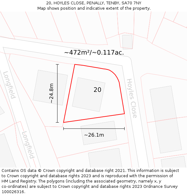 20, HOYLES CLOSE, PENALLY, TENBY, SA70 7NY: Plot and title map