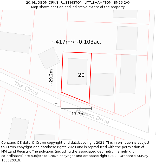 20, HUDSON DRIVE, RUSTINGTON, LITTLEHAMPTON, BN16 2AX: Plot and title map