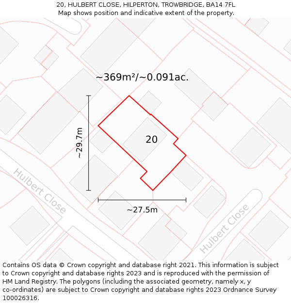 20, HULBERT CLOSE, HILPERTON, TROWBRIDGE, BA14 7FL: Plot and title map