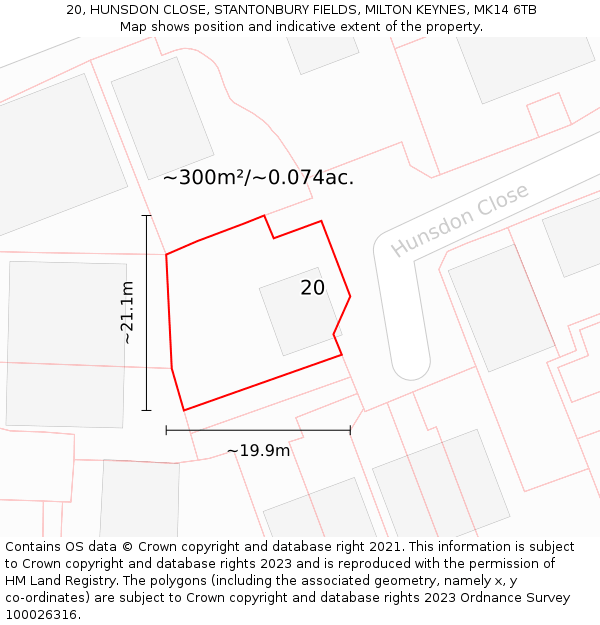 20, HUNSDON CLOSE, STANTONBURY FIELDS, MILTON KEYNES, MK14 6TB: Plot and title map