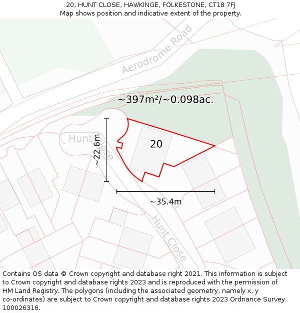 20, HUNT CLOSE, HAWKINGE, FOLKESTONE, CT18 7FJ: Plot and title map