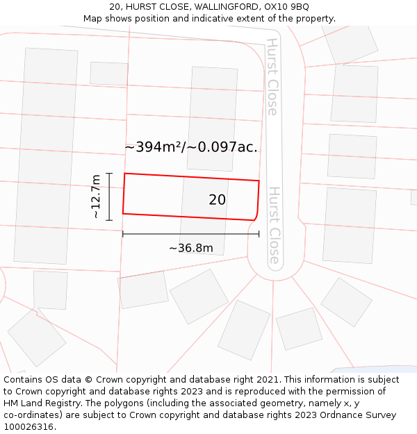 20, HURST CLOSE, WALLINGFORD, OX10 9BQ: Plot and title map