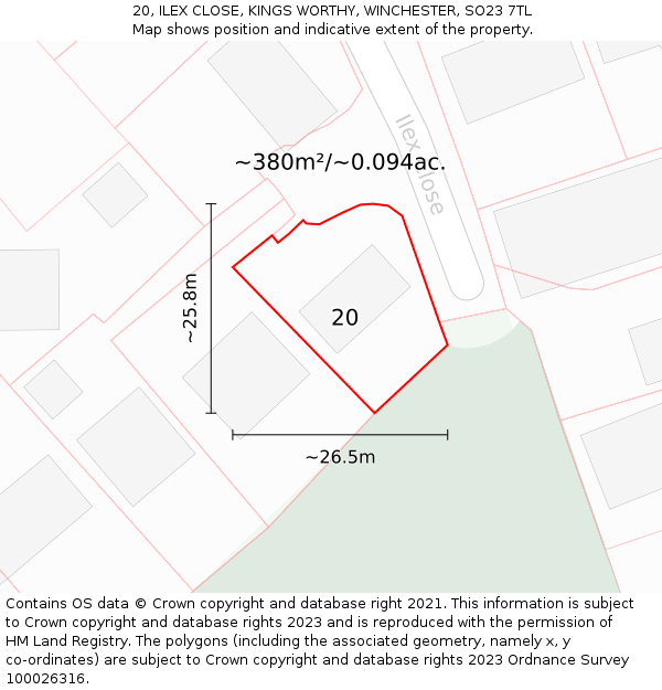 20, ILEX CLOSE, KINGS WORTHY, WINCHESTER, SO23 7TL: Plot and title map