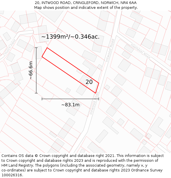 20, INTWOOD ROAD, CRINGLEFORD, NORWICH, NR4 6AA: Plot and title map