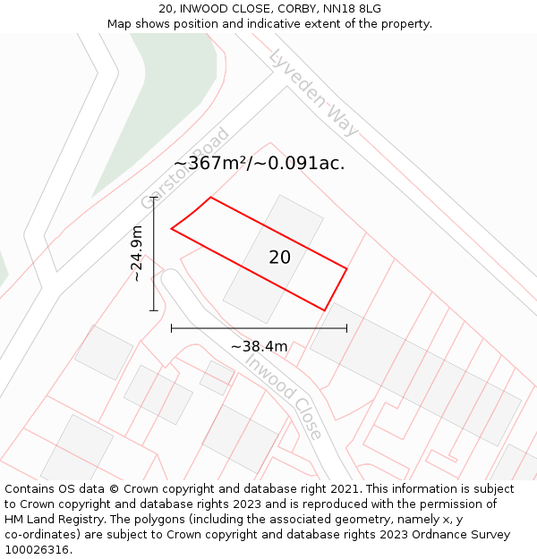20, INWOOD CLOSE, CORBY, NN18 8LG: Plot and title map