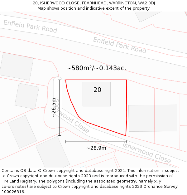 20, ISHERWOOD CLOSE, FEARNHEAD, WARRINGTON, WA2 0DJ: Plot and title map