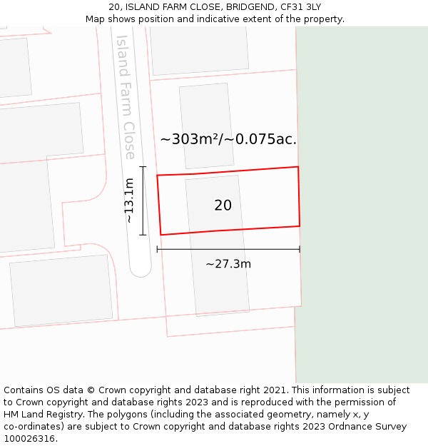 20, ISLAND FARM CLOSE, BRIDGEND, CF31 3LY: Plot and title map