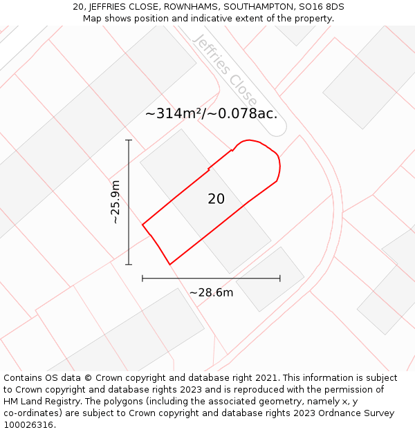 20, JEFFRIES CLOSE, ROWNHAMS, SOUTHAMPTON, SO16 8DS: Plot and title map