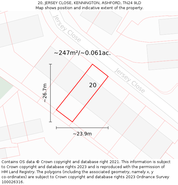 20, JERSEY CLOSE, KENNINGTON, ASHFORD, TN24 9LD: Plot and title map