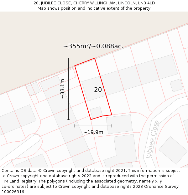 20, JUBILEE CLOSE, CHERRY WILLINGHAM, LINCOLN, LN3 4LD: Plot and title map