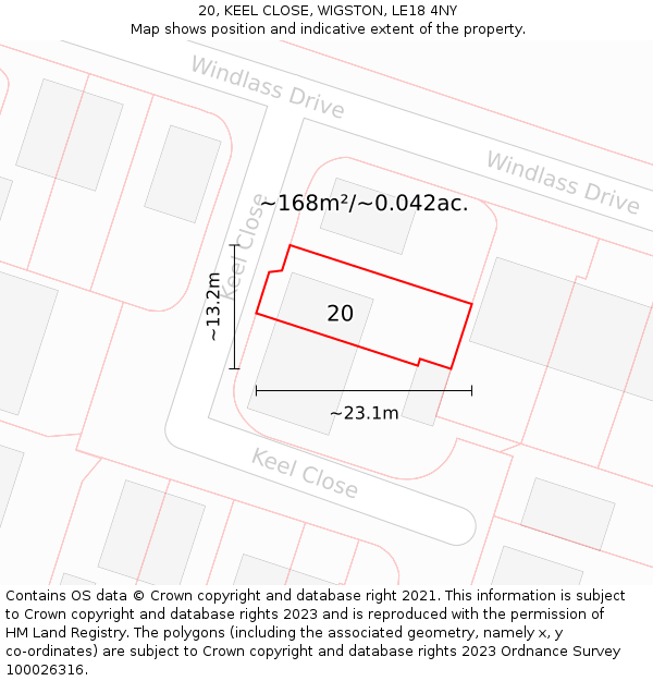 20, KEEL CLOSE, WIGSTON, LE18 4NY: Plot and title map