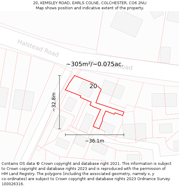 20, KEMSLEY ROAD, EARLS COLNE, COLCHESTER, CO6 2NU: Plot and title map