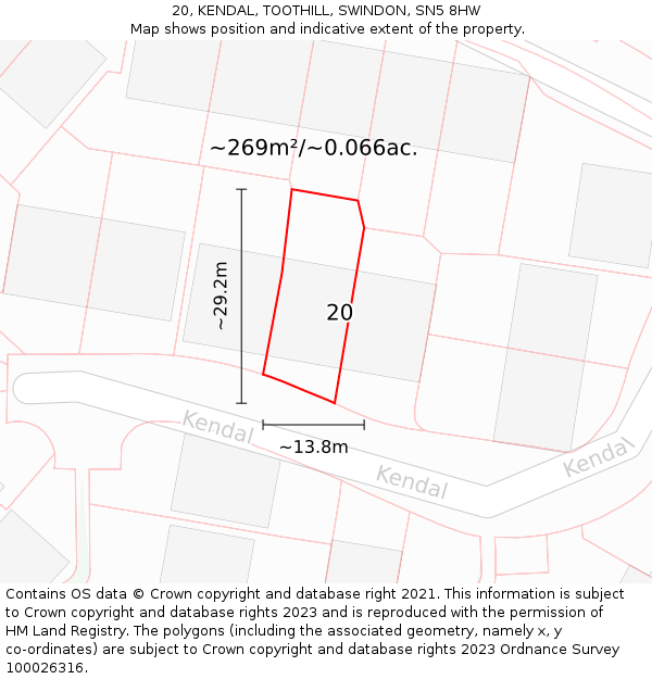 20, KENDAL, TOOTHILL, SWINDON, SN5 8HW: Plot and title map