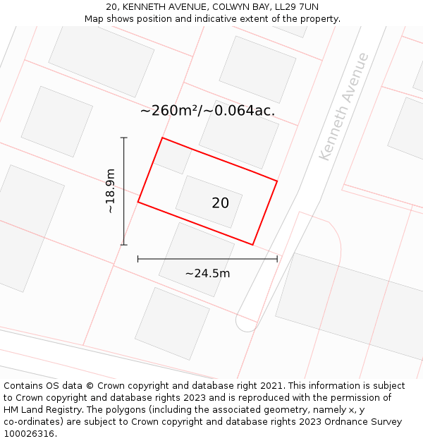 20, KENNETH AVENUE, COLWYN BAY, LL29 7UN: Plot and title map