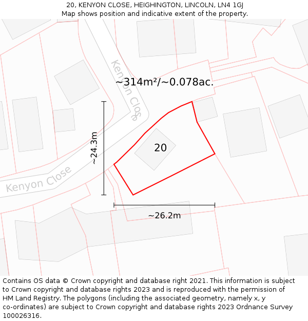 20, KENYON CLOSE, HEIGHINGTON, LINCOLN, LN4 1GJ: Plot and title map