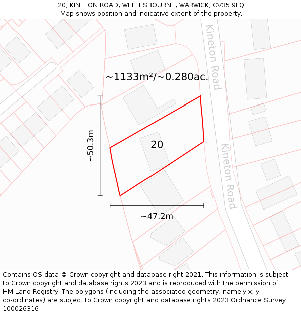 20, KINETON ROAD, WELLESBOURNE, WARWICK, CV35 9LQ: Plot and title map