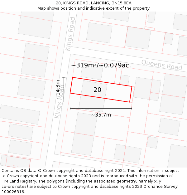 20, KINGS ROAD, LANCING, BN15 8EA: Plot and title map