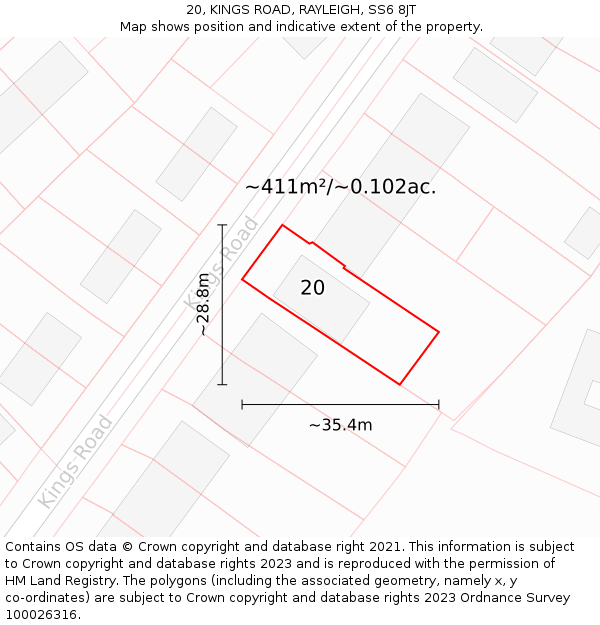20, KINGS ROAD, RAYLEIGH, SS6 8JT: Plot and title map