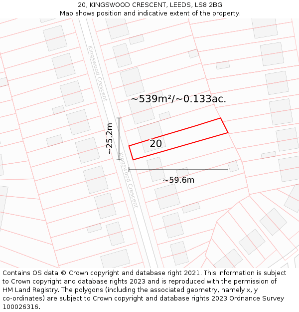 20, KINGSWOOD CRESCENT, LEEDS, LS8 2BG: Plot and title map