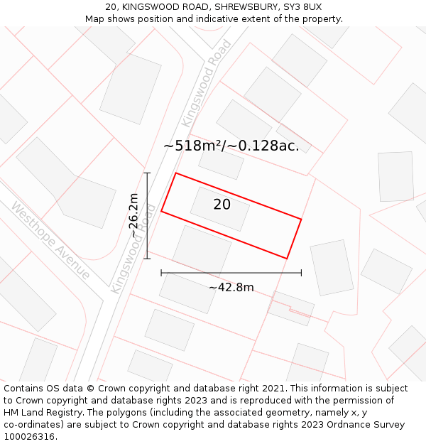 20, KINGSWOOD ROAD, SHREWSBURY, SY3 8UX: Plot and title map