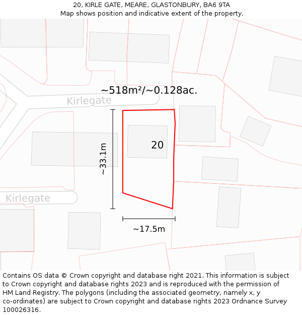 20, KIRLE GATE, MEARE, GLASTONBURY, BA6 9TA: Plot and title map