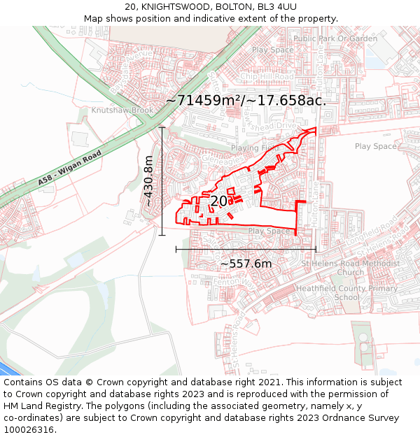 20, KNIGHTSWOOD, BOLTON, BL3 4UU: Plot and title map