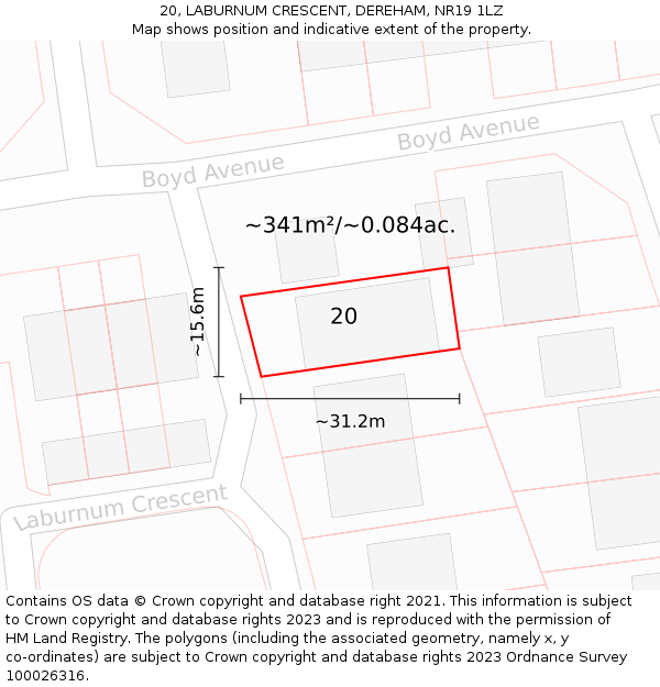 20, LABURNUM CRESCENT, DEREHAM, NR19 1LZ: Plot and title map