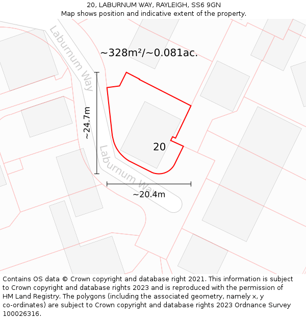 20, LABURNUM WAY, RAYLEIGH, SS6 9GN: Plot and title map