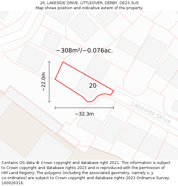 20, LAKESIDE DRIVE, LITTLEOVER, DERBY, DE23 3US: Plot and title map