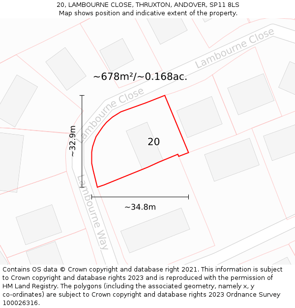 20, LAMBOURNE CLOSE, THRUXTON, ANDOVER, SP11 8LS: Plot and title map