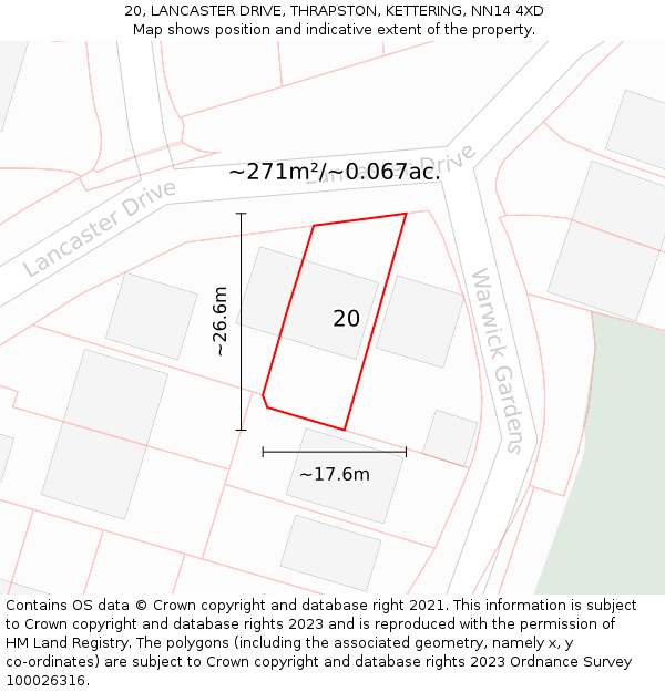 20, LANCASTER DRIVE, THRAPSTON, KETTERING, NN14 4XD: Plot and title map