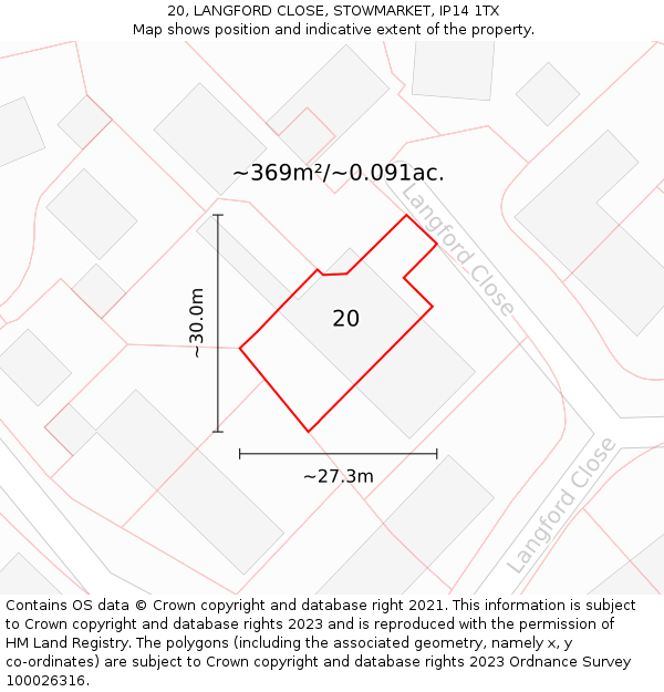 20, LANGFORD CLOSE, STOWMARKET, IP14 1TX: Plot and title map